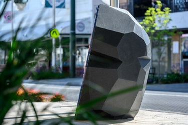 Side view of Tectonic with a fern and the street in the background