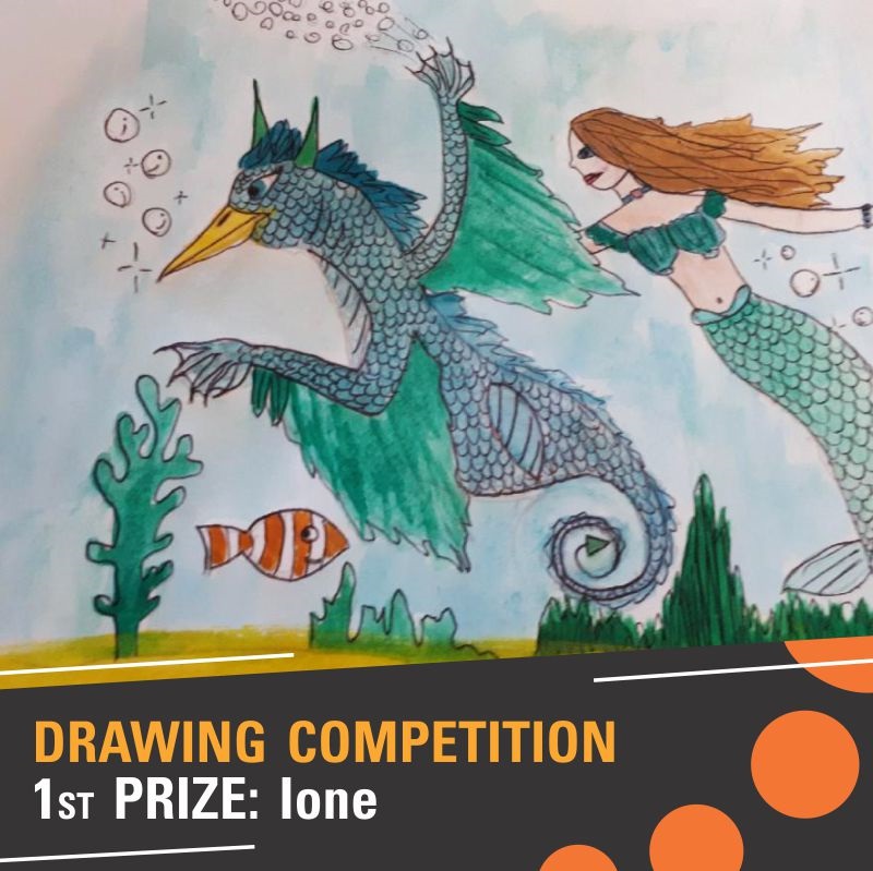 Water colour painting of dragon underwater with mermaid by Ione