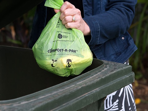 person placing compost bag into green bin