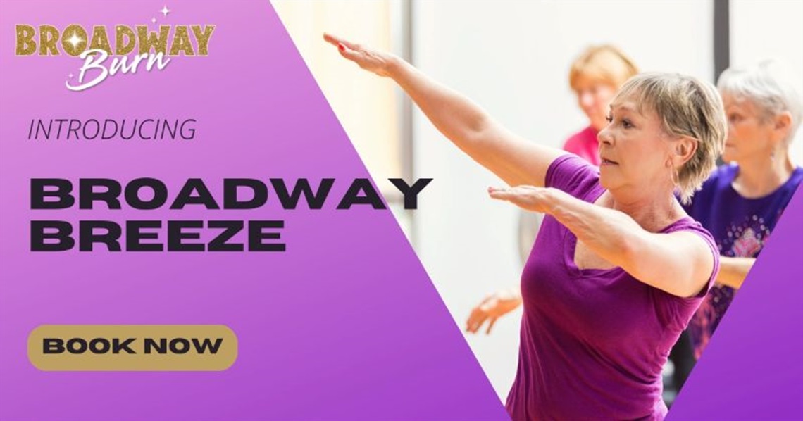 Broadway breeze logo with woman raising her hands