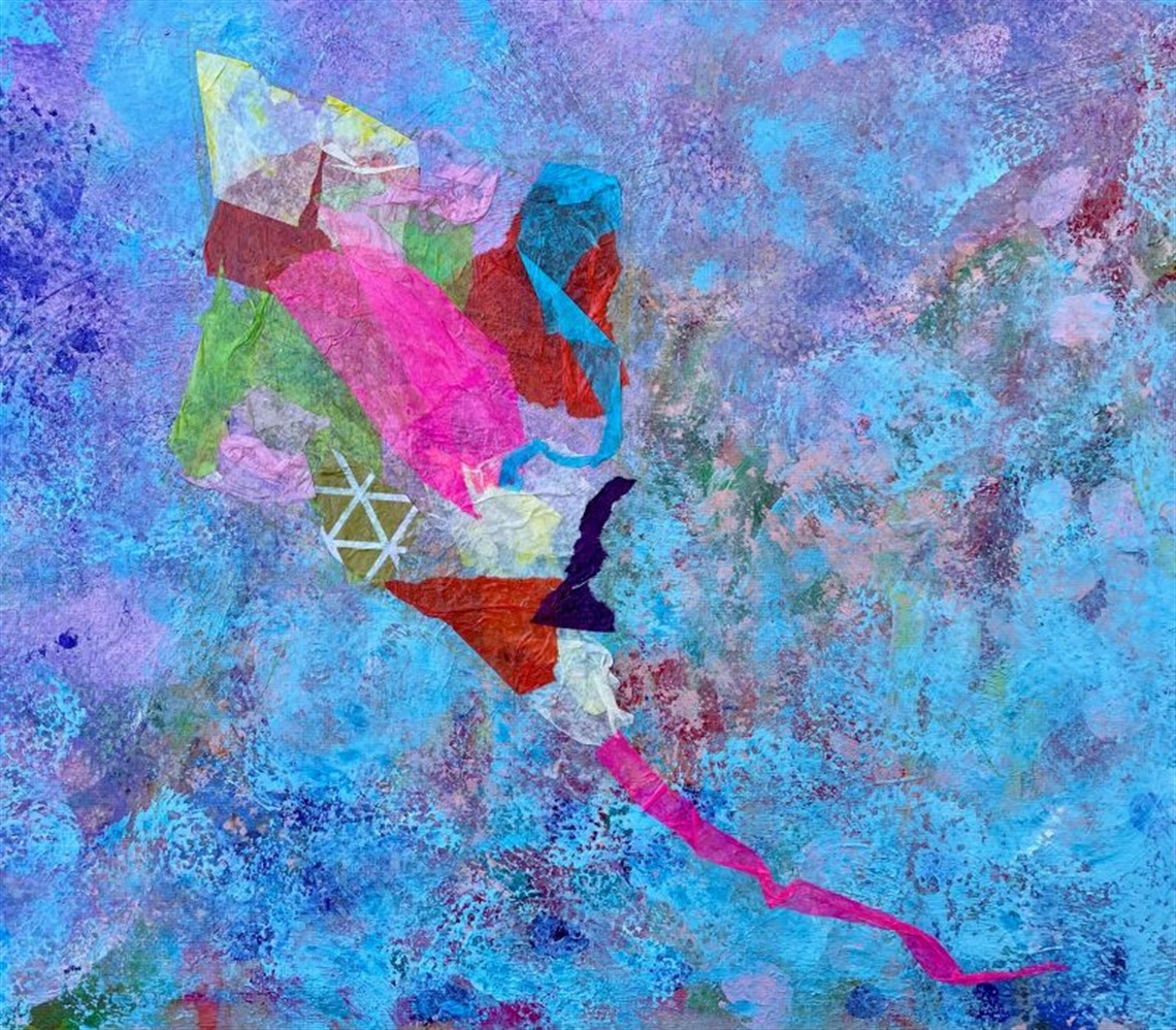 abstract painting of a colourful kite on blue background