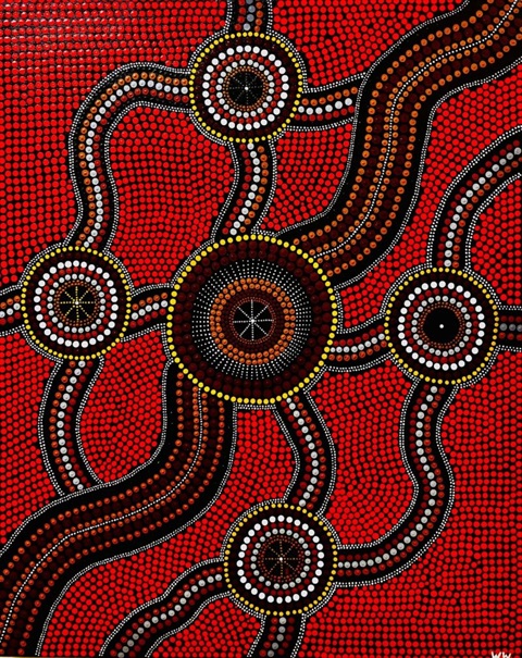 Red dot painting featuring long wavy lines intersecting with circles