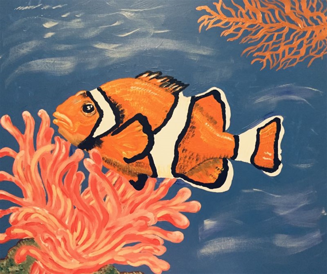 painting of clown fish in blue water with coral