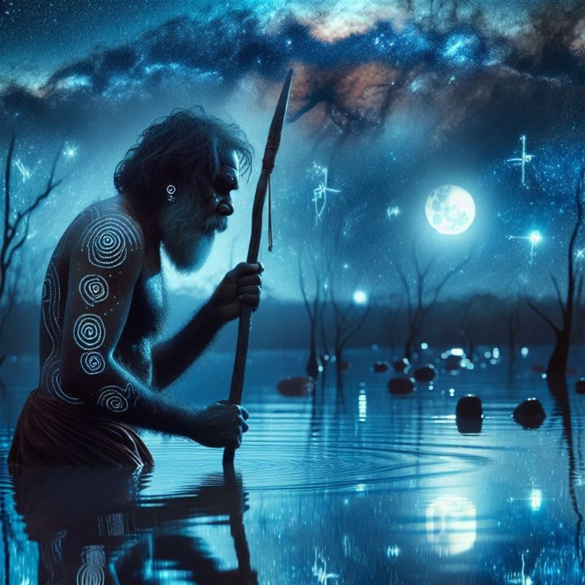 image of indigenous elder holding staff walking in water under moonlit and starry sky