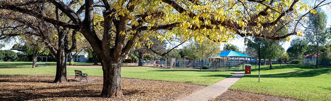 Soutar Park open area with shady trees playground and pathway