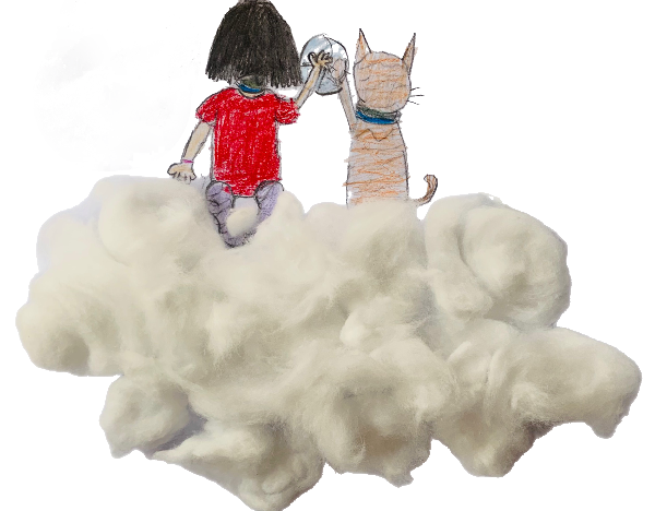 Unley adventures - child and cat sitting on a cloud