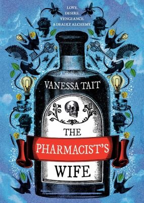 Book cover illustration in Victorian style medicine bottle with a skull on the label