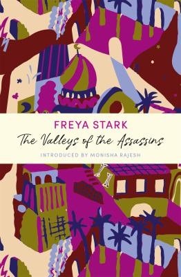 Book cover illustration pink purple brown and olive green shapes of a village, the valley of the assassins