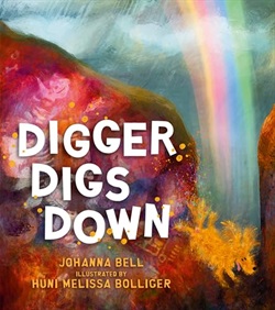 an illustration of a dog digging a deep hole, leaving a rainbow behind him