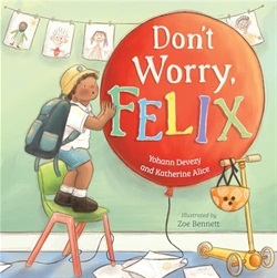 a worried boy stands on a chair, next to a large balloon