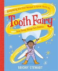 a little tooth fairy holds a giant tooth