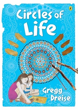 illustration of two girls sitting together, with a background of Aboriginal cultural art behind them