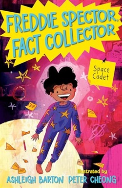 a young boy in pajamas flies through a colourful outer space scene