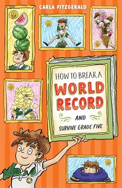 framed illustrations of a boy trying various stunts in an attempt to break a record