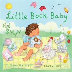 a baby holds a book and sits on a blanket next to a chicken, there are many books around them