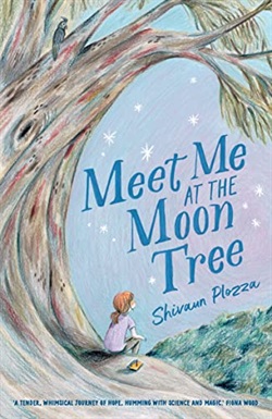 a girl sits under a large gum tree, stars sparkling in the background