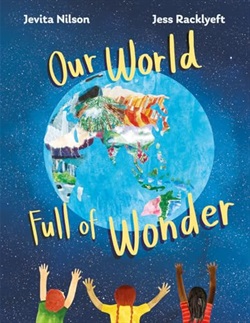 collage style illustration of planet earth on a background of stars, three children reach up towards it