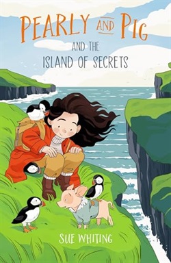 a young girl squats on a grassy hill, smiling down at a pig and some puffins by her feet