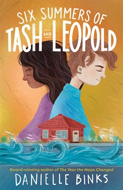 a boy and girl stand back to back, a small house with waves crashing against it below them