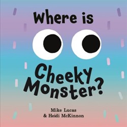 two big round eyes look to the side, on a speckled pastel rainbow background