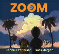 a boy and a dog look up at an illuminated cloud, the wind blowing through the tall grass and palm trees