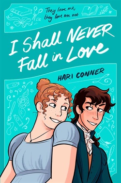 regency era girl leaning against a boy while they smile at each other