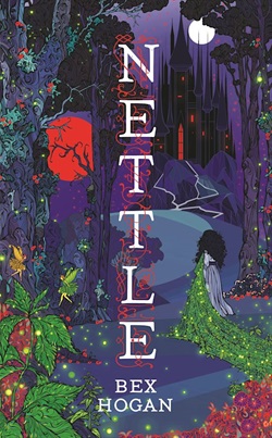 a shadowy silhouette walks through a colourfully illustrated forest at night, walking along a path towards a castle