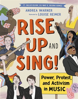 seven musicians and activists border the cover, singing and holding instruments and signs
