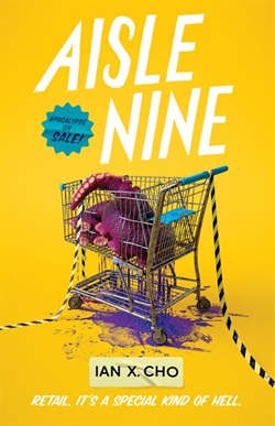a shopping trolley with caution tape stuck to it, and an octopus tentacle in it dripping ink on the floor