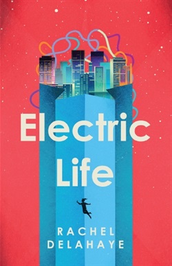 silhouette of a girl falling from an elevated futuristic city