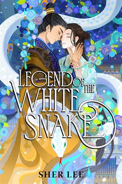 two young men rest their foreheads together, while a large white snake weaves around them