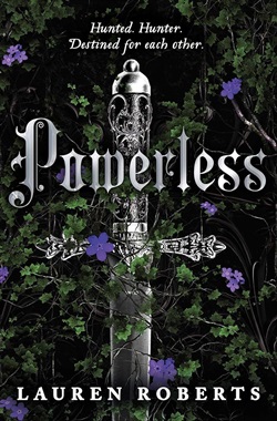 a silver sword tangled in green leafy bramble with purple flowers