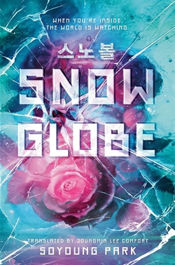 pink roses behind shattered blue ice