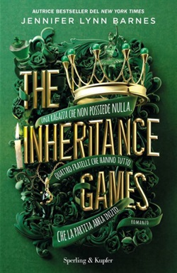 The Inheritance Games on a swirling green background with a golden crown