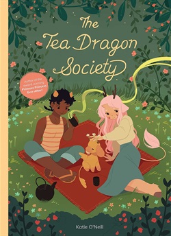 two tween girls sitting on a picnic rug in a meadow patting a little dragon