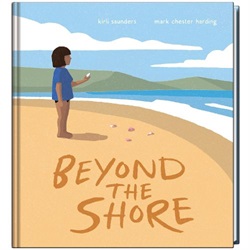 Illustration of a child standing on the sand along the shore of the beach