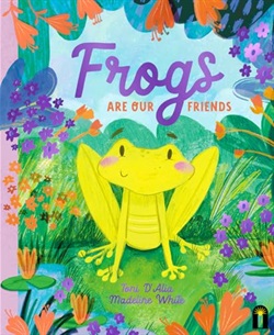 An illustration of a bright yellow-green frog sitting on a rock in a pond surrounded by colourful flowers