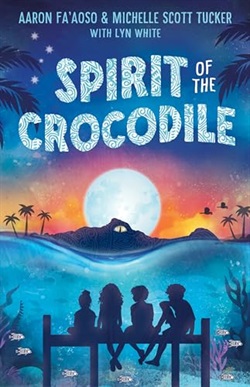 Illustration of four children sitting on a jetty, silhouetted by a moon rising at sunset over the ocean, with a large crocodile head peeking up above the water