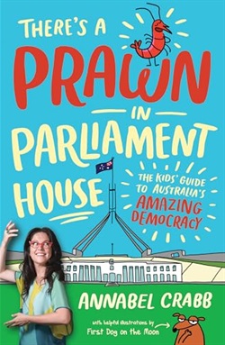 a photo of a woman with a cartoon illustration of Parliament House and a prawn behind her