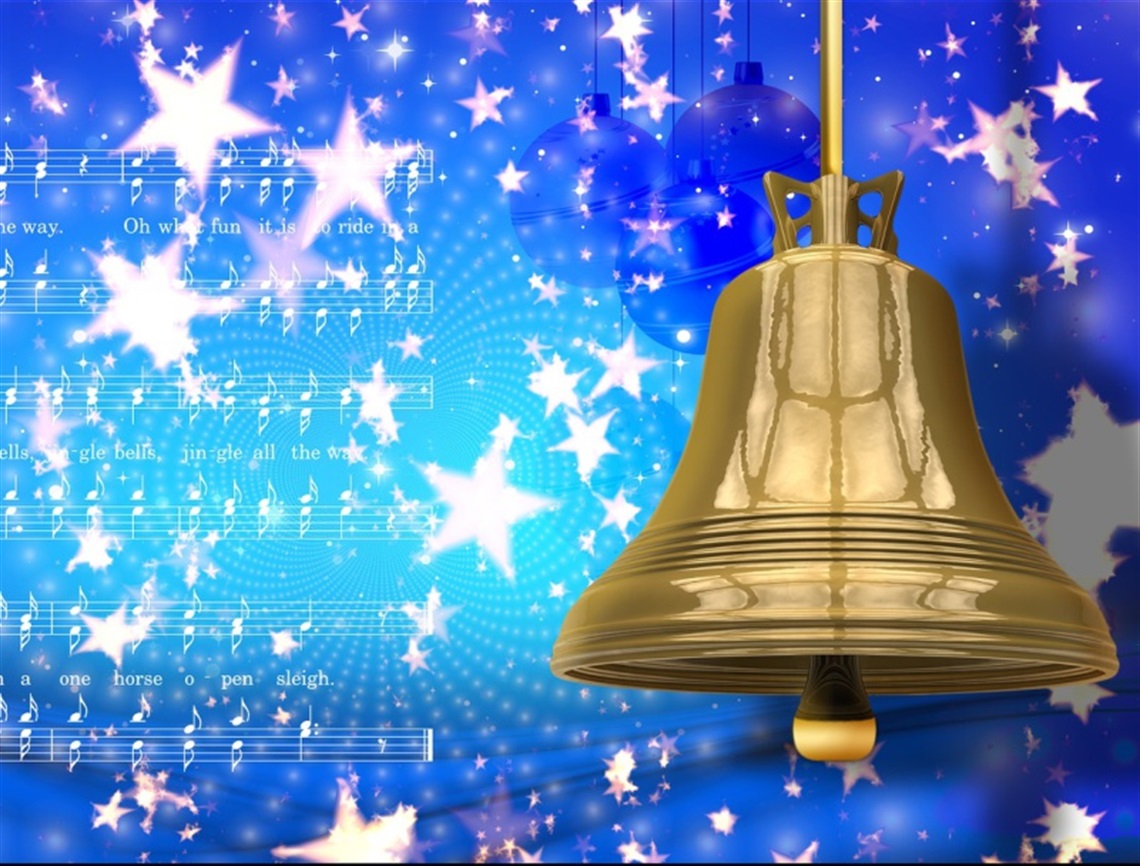 A golden bell floating in a background of blue with white stars and musical notes.