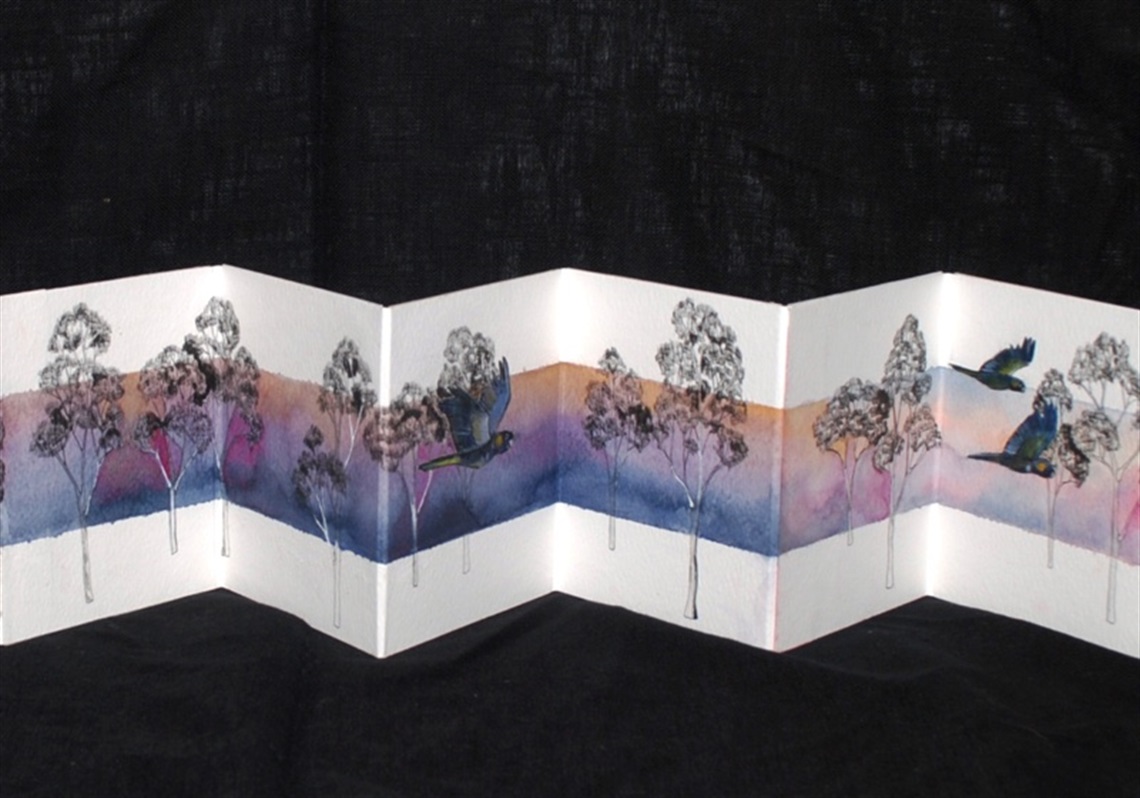 Accorion folded artwork with trees and Australian birds