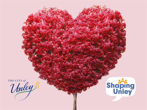 Red heart-shaped tree with Shaping Unley logo