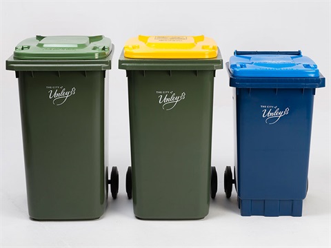 Unley three bins with green yellow and blue lids