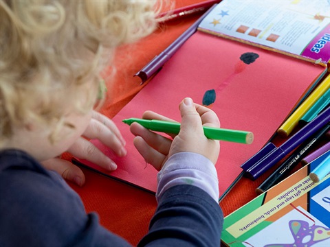 Child drawing with textas